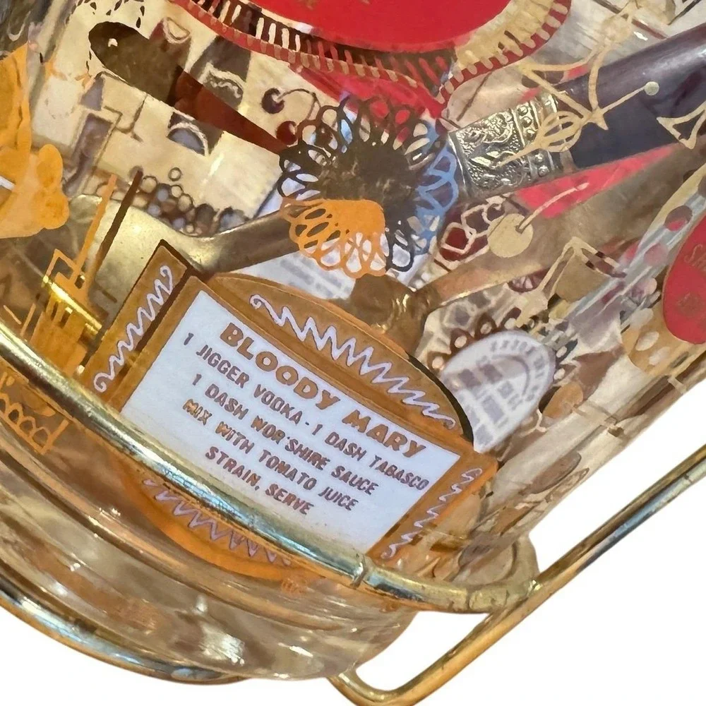Vintage Jeannette MCM Glass Ice Bucket Gold Cocktail Recipes Brass Caddy & Tongs